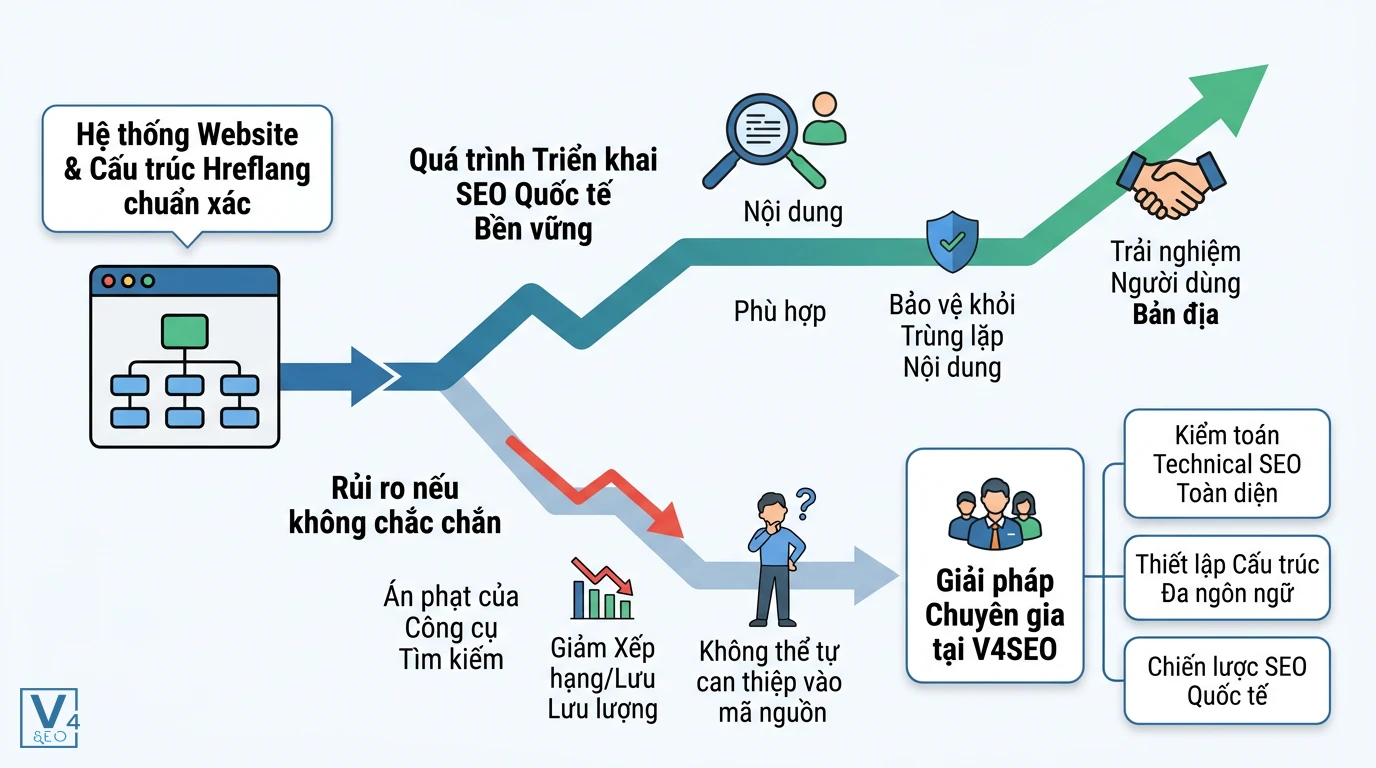 giai-phap-trien-khai-hreflang-seo-quoc-te Sơ đồ so sánh hai hướng đi khi triển khai hreflang: tự thực hiện gặp rủi ro hoặc chọn giải pháp chuyên gia từ V4SEO.