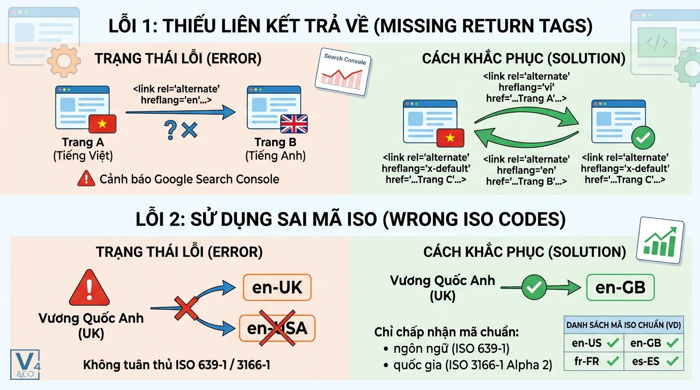 loi-cau-hinh-hreflang-x-default-va-cach-sua Sơ đồ so sánh trạng thái lỗi và cách khắc phục khi cấu hình thiếu liên kết trả về hoặc sai mã ISO cho hreflang x-default.