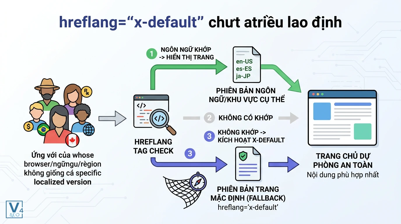 co-che-hoat-dong-hreflang-x-default Sơ đồ cơ chế hoạt động của hreflang x-default giúp điều hướng người dùng về trang mặc định khi không khớp ngôn ngữ.