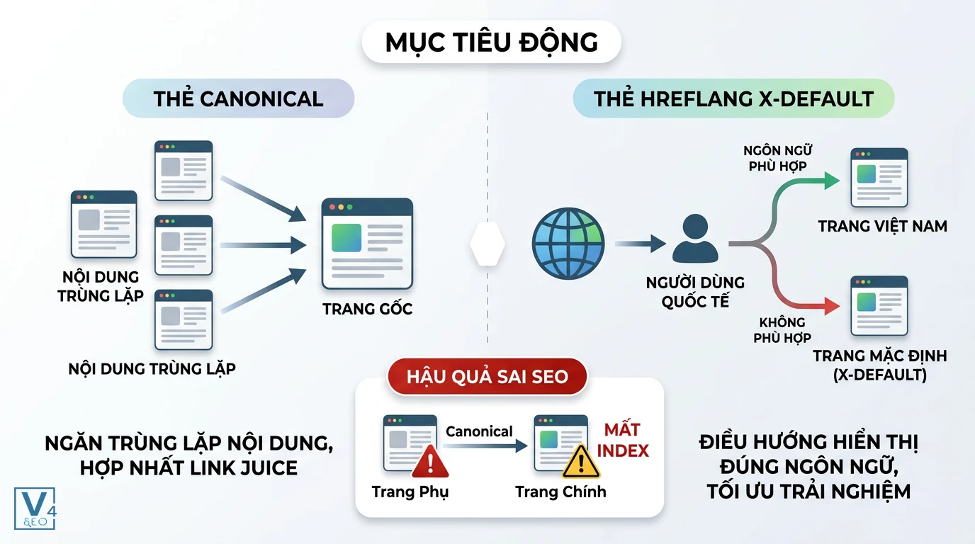 so-sanh-canonical-va-hreflang-x-default Sơ đồ phân biệt cơ chế hoạt động của thẻ canonical và hreflang x-default trong tối ưu hóa SEO website đa ngôn ngữ.