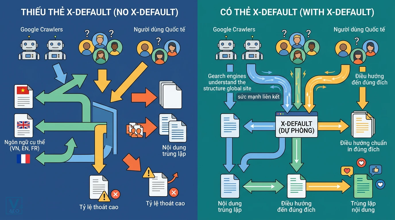 so-sanh-vai-tro-the-hreflang-x-default So sánh hiệu quả điều hướng người dùng quốc tế và bot tìm kiếm khi website có và không có cấu hình hreflang x-default.