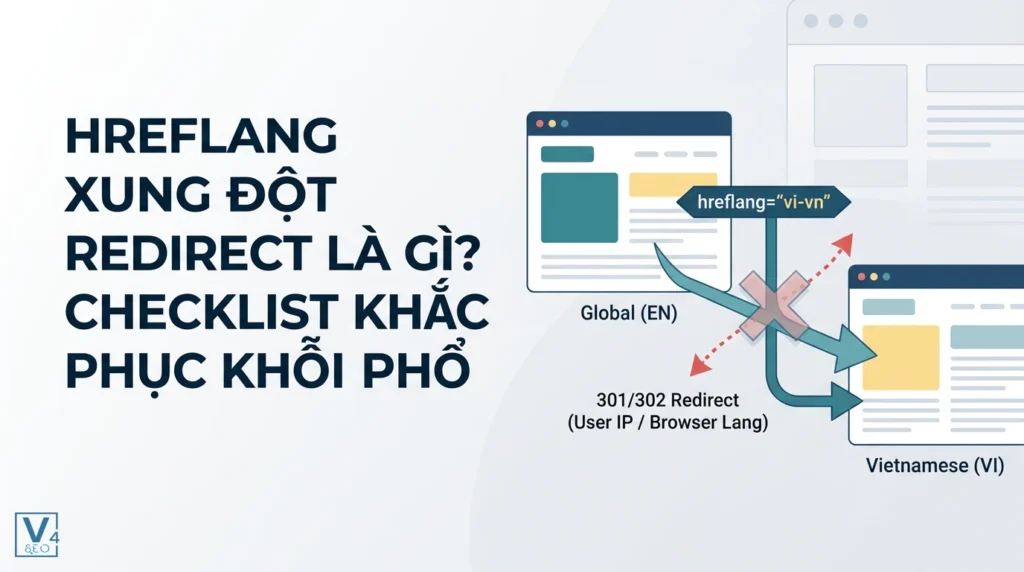 Mô phỏng sự mâu thuẫn giữa thẻ hreflang điều hướng ngôn ngữ và cơ chế tự động redirect theo IP người dùng