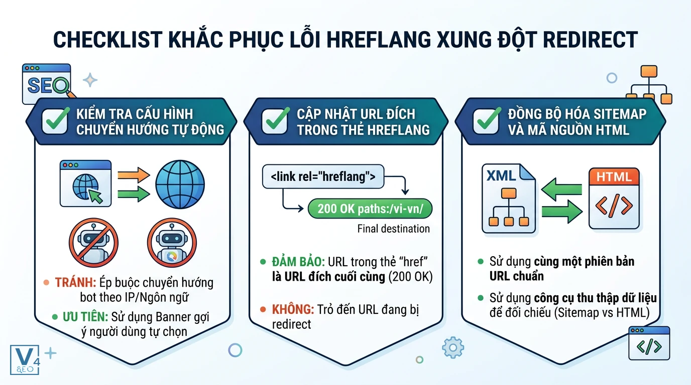 checklist-khac-phuc-hreflang-xung-dot-redirect Sơ đồ 3 bước khắc phục lỗi hreflang xung đột redirect gồm kiểm tra chuyển hướng, cập nhật URL đích và đồng bộ sitemap.