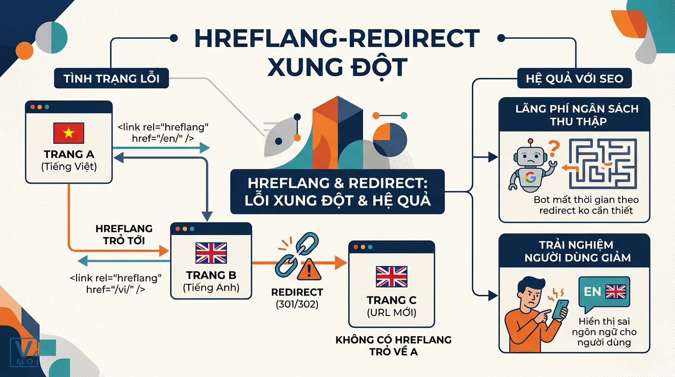 co-che-hreflang-xung-dot-redirect Sơ đồ giải thích cơ chế hreflang xung đột redirect là gì và tác hại của nó đến SEO.