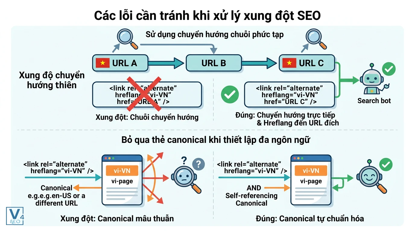 cac-loi-hreflang-va-canonical-can-tranh Sơ đồ so sánh cách xử lý đúng và sai khi gặp lỗi chuỗi chuyển hướng và mâu thuẫn thẻ canonical trong SEO đa ngôn ngữ.