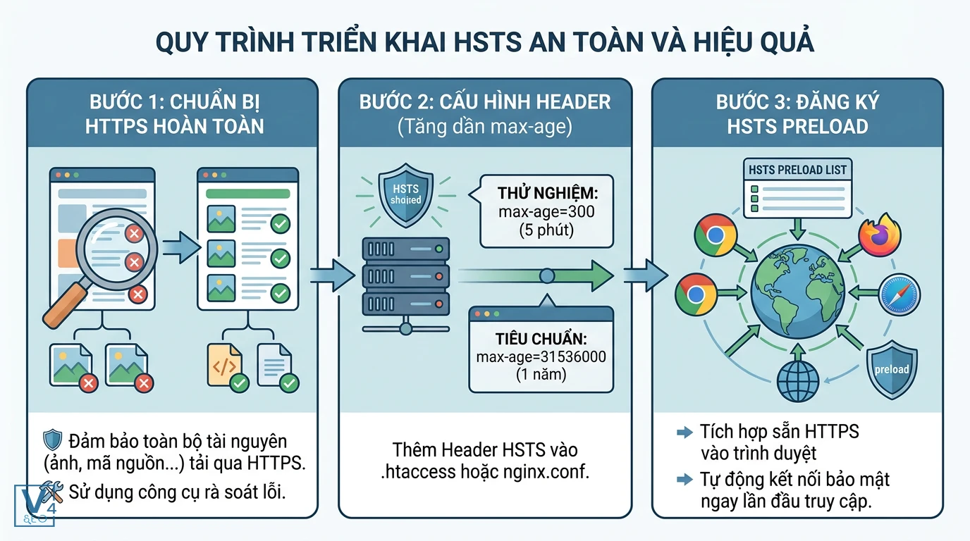 quy-trinh-trien-khai-hsts-an-toan Sơ đồ 3 bước triển khai HSTS an toàn gồm chuẩn bị HTTPS, cấu hình Header tăng dần max-age và đăng ký HSTS Preload.