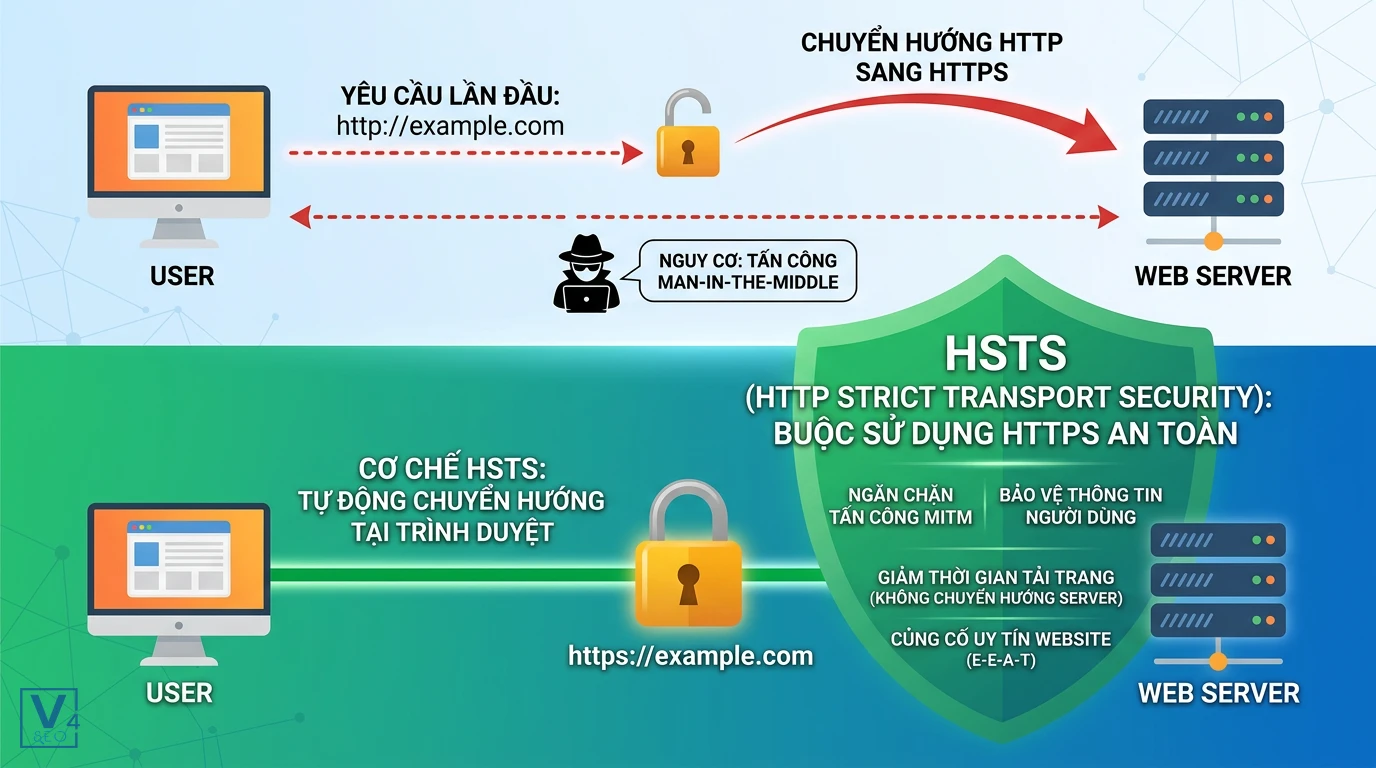 co-che-hoat-dong-hsts-bao-mat So sánh cơ chế chuyển hướng HTTP thông thường dễ bị tấn công MITM với cơ chế bảo mật tự động của HSTS.