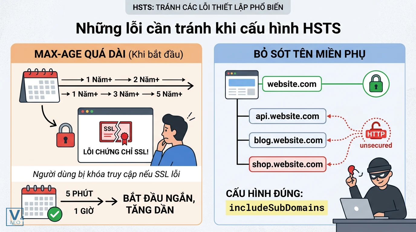 cac-loi-cau-hinh-hsts-pho-bien Các lỗi phổ biến khi cấu hình HSTS như đặt max-age quá dài gây khóa truy cập và bỏ sót tên miền phụ tạo lỗ hổng bảo mật.