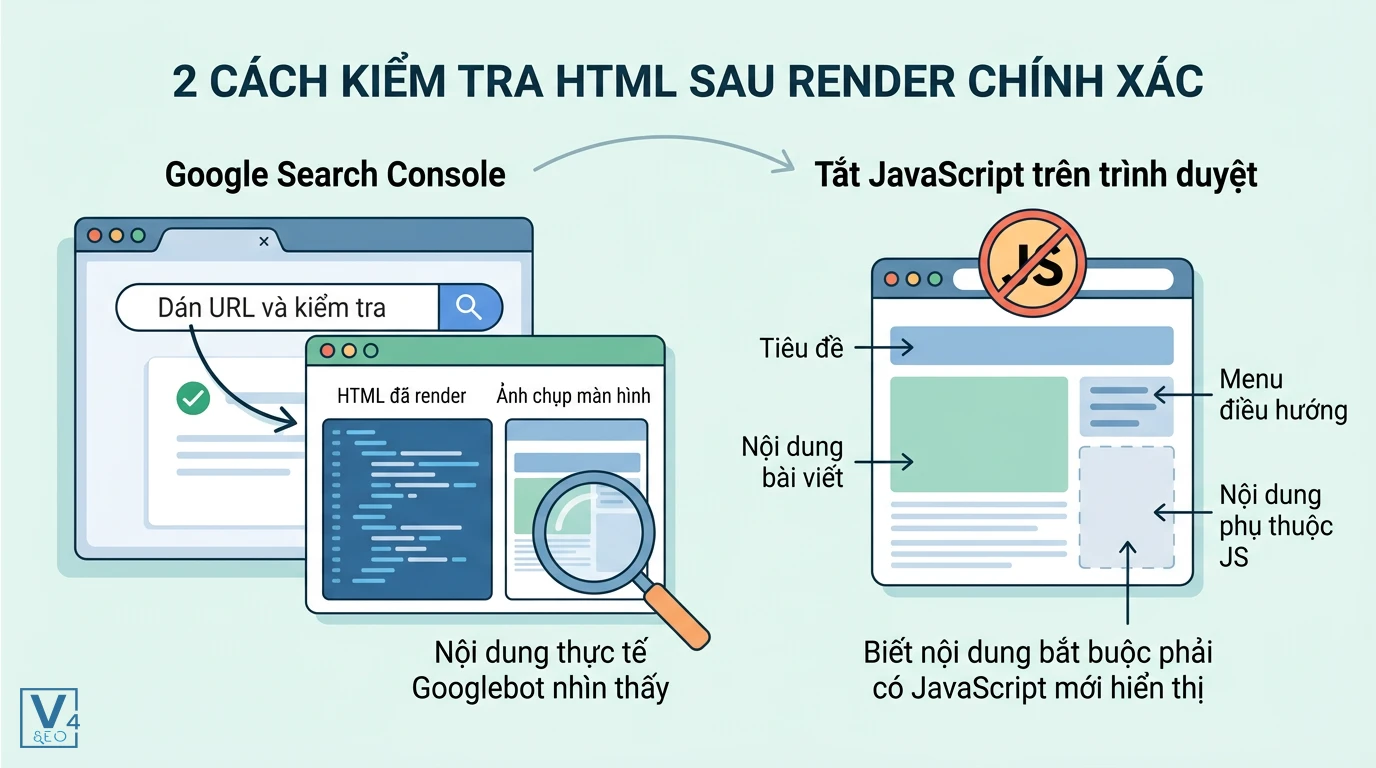 phuong-phap-kiem-tra-html-sau-render Sơ đồ hướng dẫn hai phương pháp kiểm tra HTML sau render bằng Google Search Console và tắt JavaScript trên trình duyệt.