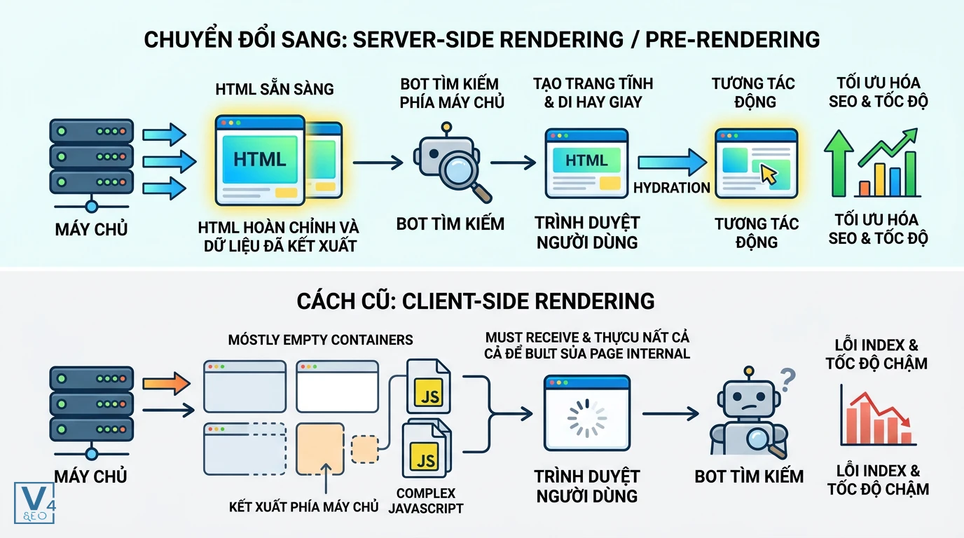 so-sanh-ssr-va-csr-cho-seo So sánh quy trình xử lý HTML sau render giữa Server-Side Rendering và Client-Side Rendering đối với bot tìm kiếm.