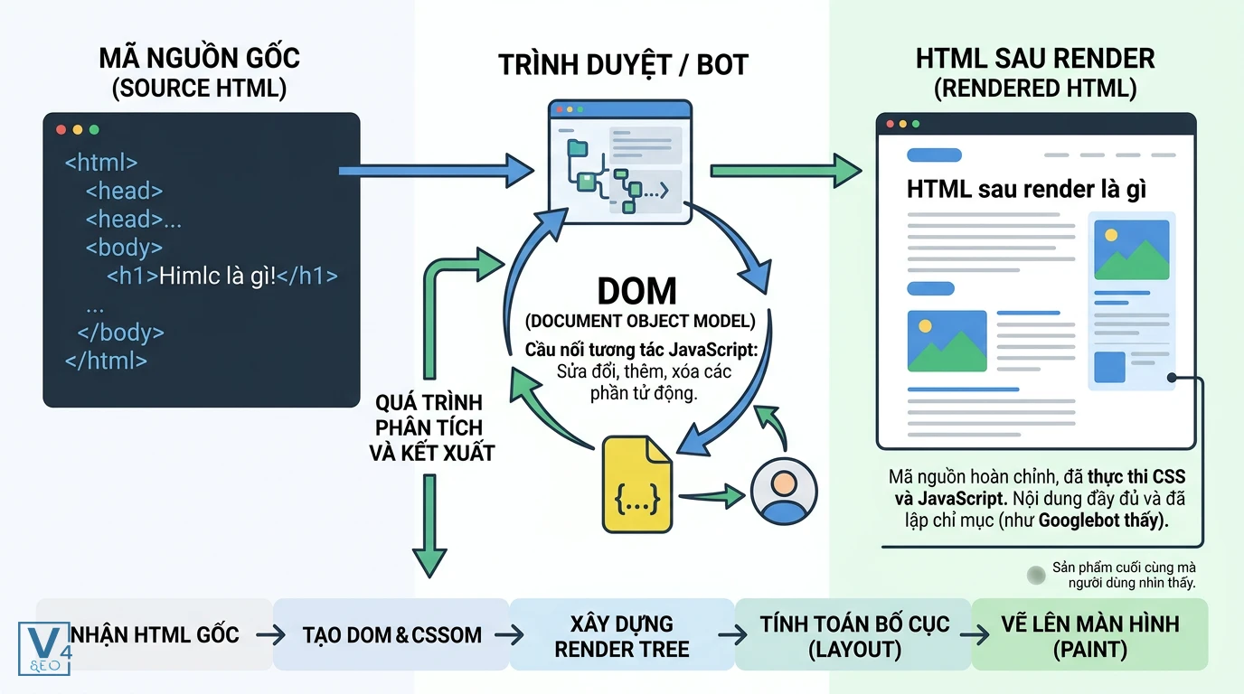 quy-trinh-tao-html-sau-render Sơ đồ chuyển đổi từ mã nguồn gốc Source HTML qua DOM để tạo thành HTML sau render hoàn chỉnh