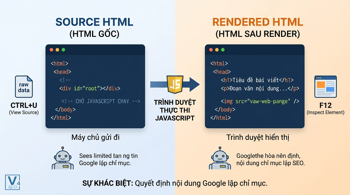 so-sanh-source-html-va-rendered-html So sánh Source HTML chứa thẻ div trống và HTML sau render chứa đầy đủ nội dung sau khi trình duyệt thực thi JavaScript.