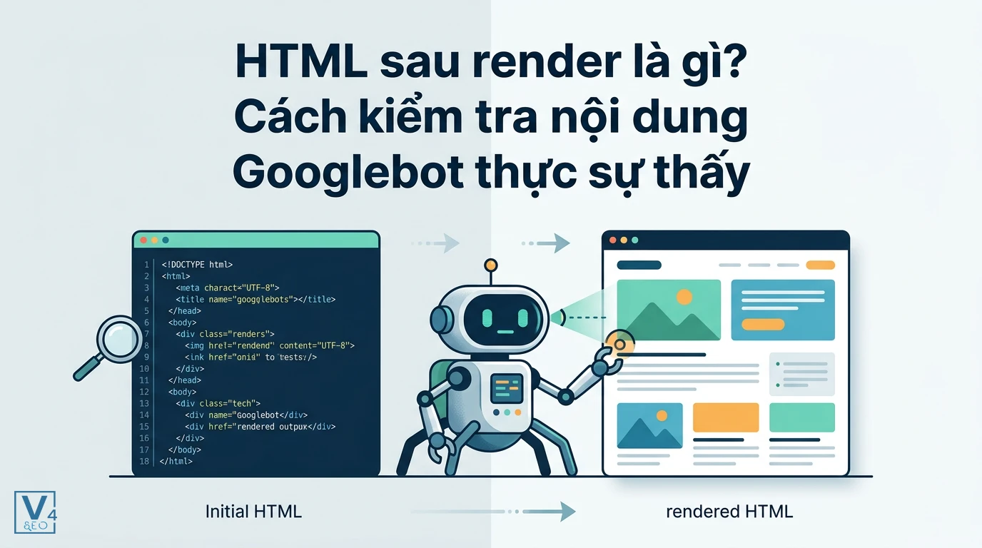 Sự khác biệt giữa mã nguồn HTML ban đầu và HTML sau render khi Googlebot xử lý JavaScript trên trang web.