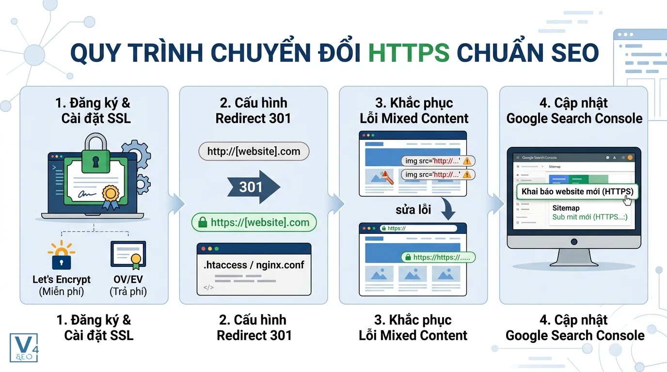quy-trinh-chuyen-doi-http-sang-https-seo Sơ đồ 4 bước chuyển đổi từ HTTP sang HTTPS chuẩn SEO giúp bảo mật website và giữ vững thứ hạng tìm kiếm.