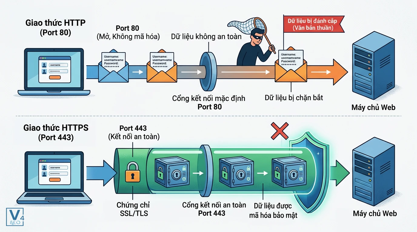 so-sanh-port-80-va-port-443 So sánh cơ chế bảo mật dữ liệu giữa cổng kết nối Port 80 của HTTP và Port 443 được mã hóa của HTTPS.