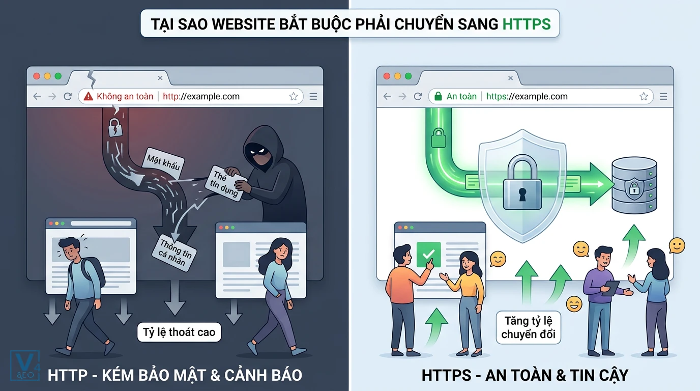 so-sanh-loi-ich-http-vs-https So sánh rủi ro bảo mật của HTTP và lợi ích an toàn, tăng tỷ lệ chuyển đổi khi nâng cấp lên HTTPS.