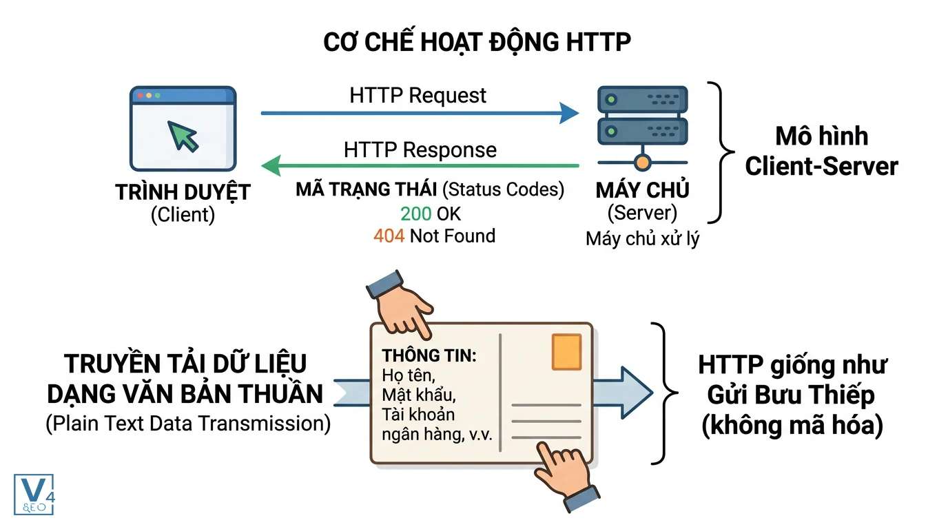 co-che-hoat-dong-giao-thuc-http Mô hình hoạt động Request Response của HTTP và rủi ro bảo mật khi truyền dữ liệu dạng văn bản thuần không mã hóa.