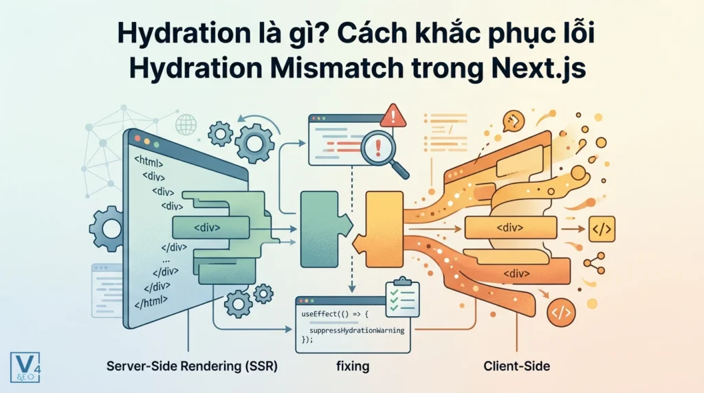 Hydration là gì? Cách khắc phục lỗi Hydration Mismatch trong Next.js 5 Sơ đồ mô tả quá trình hydration là gì và cách đồng bộ hóa cấu trúc HTML giữa server-side và client-side trong Next.js.