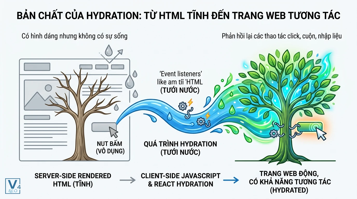 co-che-hoat-dong-cua-hydration-web Sơ đồ giải thích hydration là gì qua ẩn dụ tưới nước cho cây khô để biến HTML tĩnh thành trang web tương tác động.