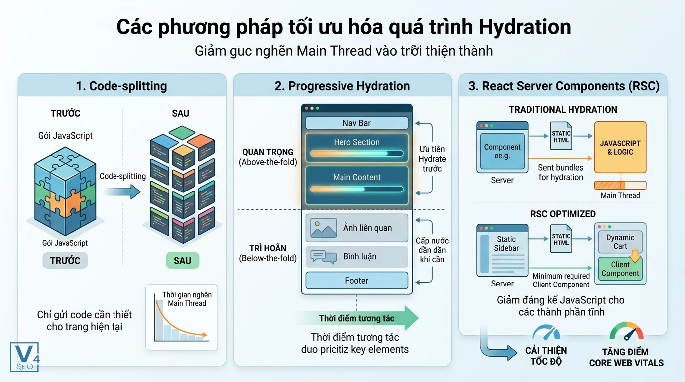 phuong-phap-toi-uu-hoa-hydration Sơ đồ so sánh ba phương pháp tối ưu hóa hydration gồm code-splitting, progressive hydration và React Server Components.