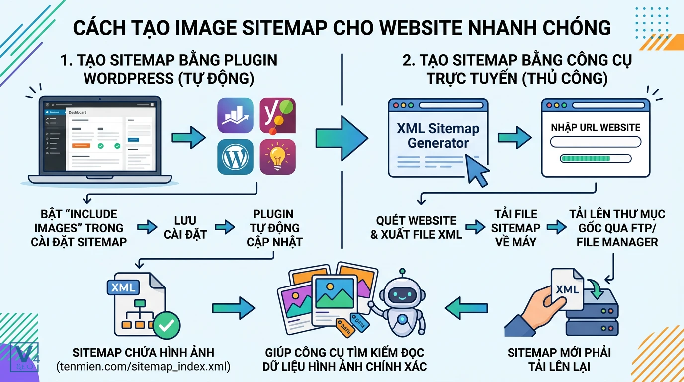 quy-trinh-tao-image-sitemap-website Quy trình so sánh hai cách tạo image sitemap cho website bằng plugin tự động và công cụ trực tuyến thủ công.