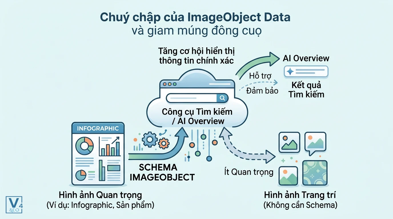 Vai trò của ImageObject với AI Overview và phân loại hình ảnh Schema ImageObject hỗ trợ AI Overview nhận diện hình ảnh quan trọng và bỏ qua các ảnh trang trí ít giá trị.
