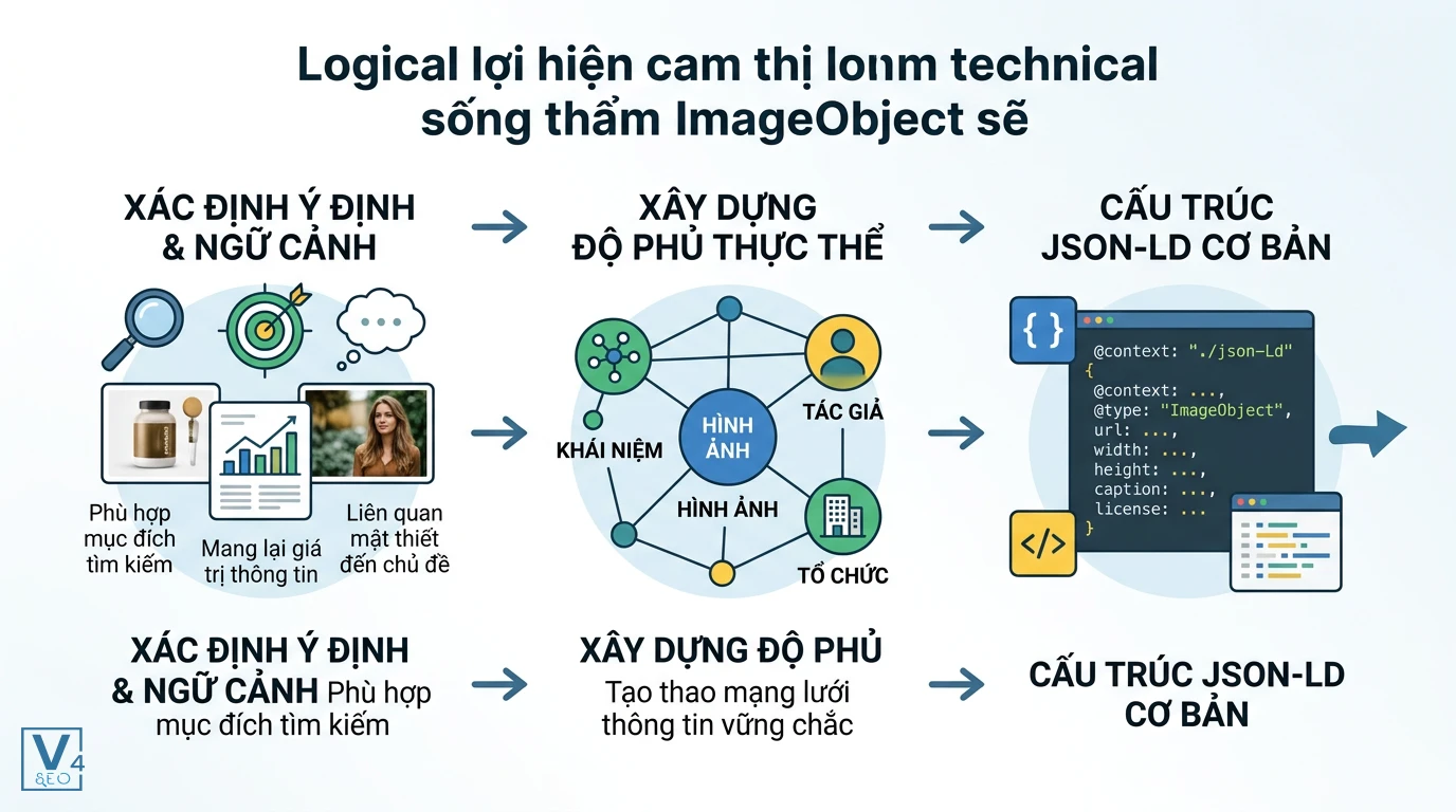 Quy trình triển khai ImageObject chuẩn SEO Quy trình 3 bước triển khai ImageObject chuẩn kỹ thuật gồm xác định ngữ cảnh, xây dựng thực thể và cấu trúc JSON-LD.