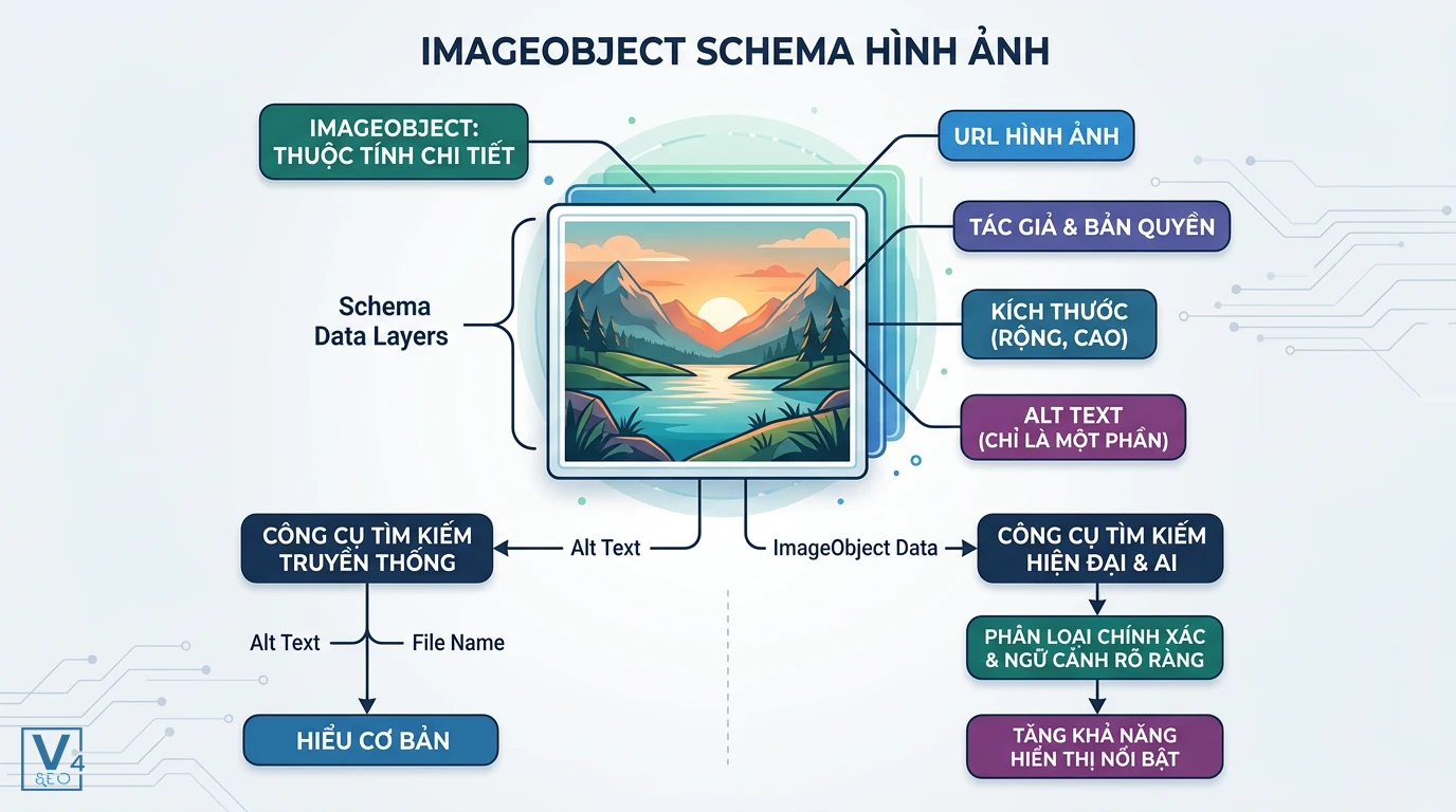 So sánh Alt Text và ImageObject Schema So sánh hiệu quả nhận diện giữa thẻ alt truyền thống và cấu trúc ImageObject đầy đủ thuộc tính cho AI Search.