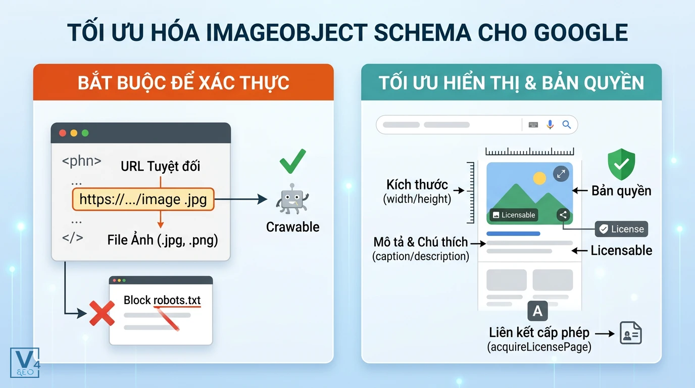 Cấu trúc thuộc tính ImageObject schema tối ưu Phân loại các thuộc tính bắt buộc và tối ưu hóa hiển thị, bản quyền trong cấu trúc ImageObject schema cho Google.