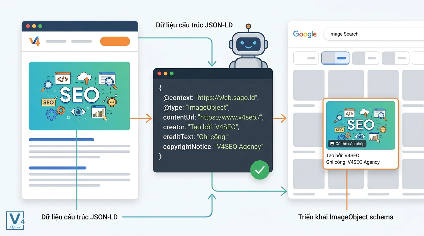 Quy trình triển khai ImageObject schema bằng JSON-LD Quy trình khai báo ImageObject schema bằng mã JSON-LD giúp hiển thị nhãn bản quyền và thông tin tác giả trên Google Images.