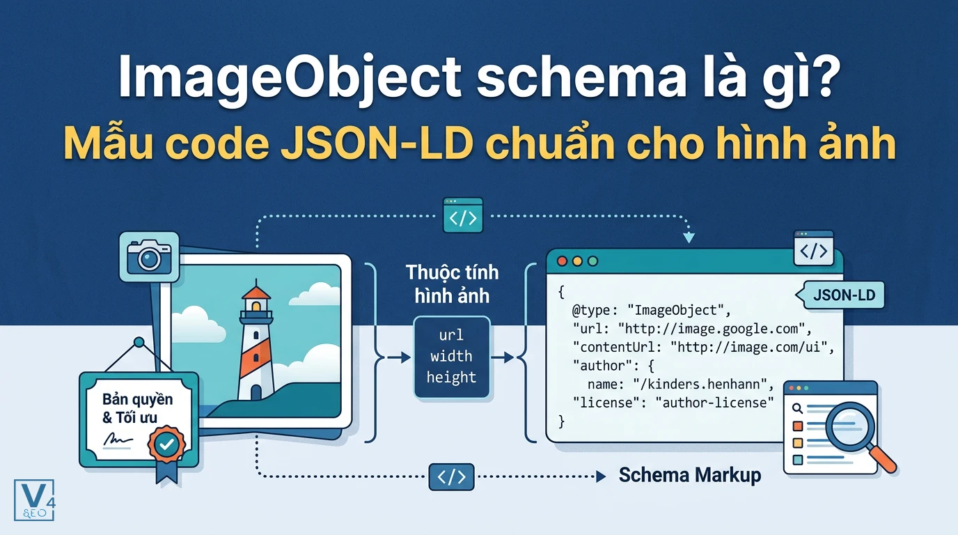 Cách khai báo thuộc tính và bản quyền bằng cấu trúc mã JSON-LD ImageObject schema giúp tối ưu SEO.