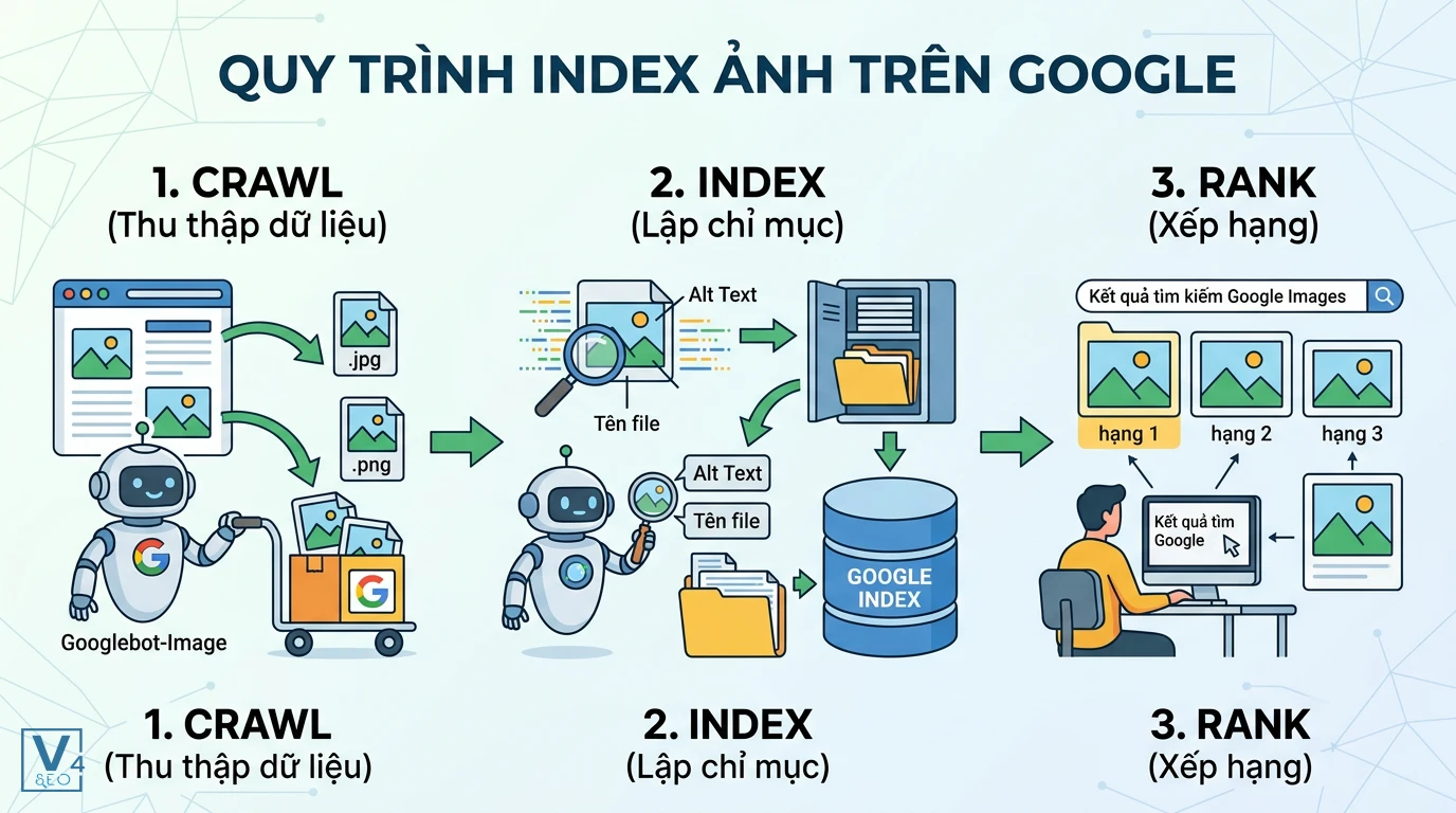 quy-trinh-index-anh-google Sơ đồ 3 bước trong quy trình index ảnh của Google gồm thu thập dữ liệu, lập chỉ mục và xếp hạng hiển thị.