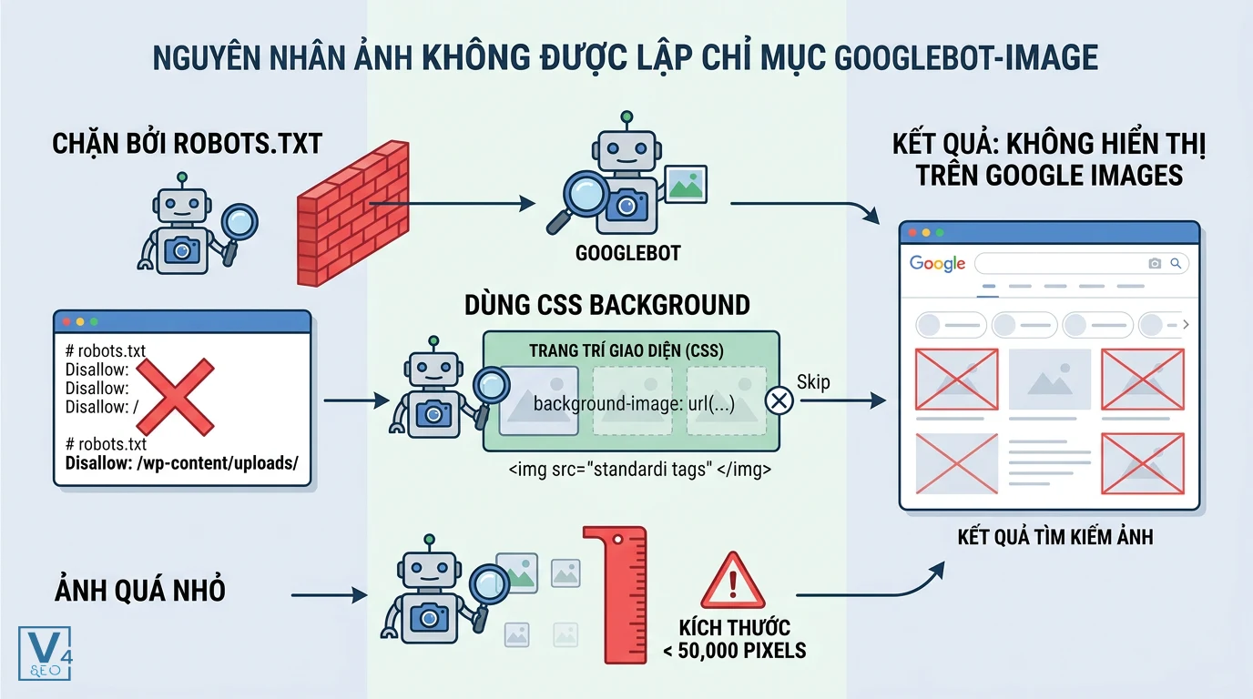 nguyen-nhan-loi-index-anh Sơ đồ giải thích lý do index ảnh thất bại do chặn robots.txt, dùng CSS background và kích thước quá nhỏ.