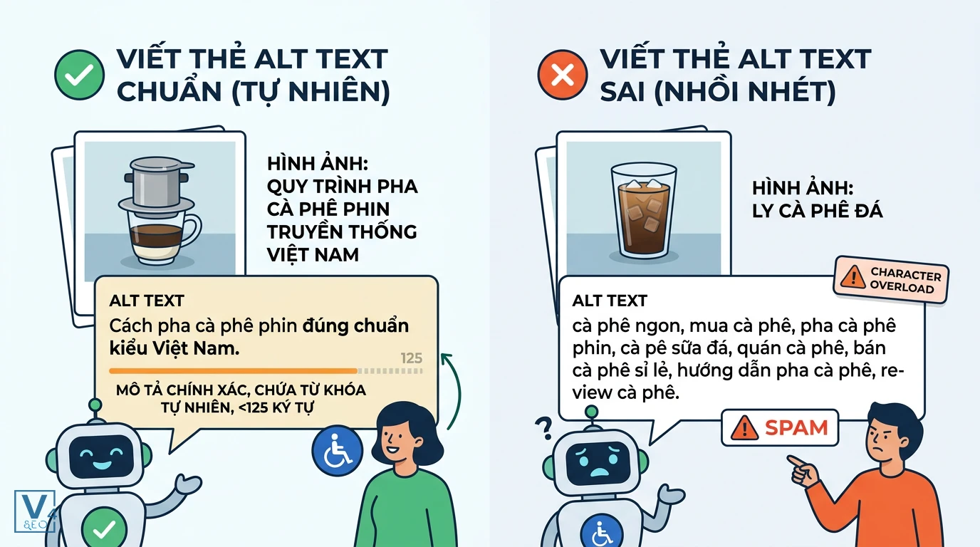 so-sanh-viet-the-alt-text-chuan-seo So sánh cách viết thẻ alt text chuẩn tự nhiên với lỗi nhồi nhét từ khóa spam giúp tối ưu index ảnh hiệu quả.