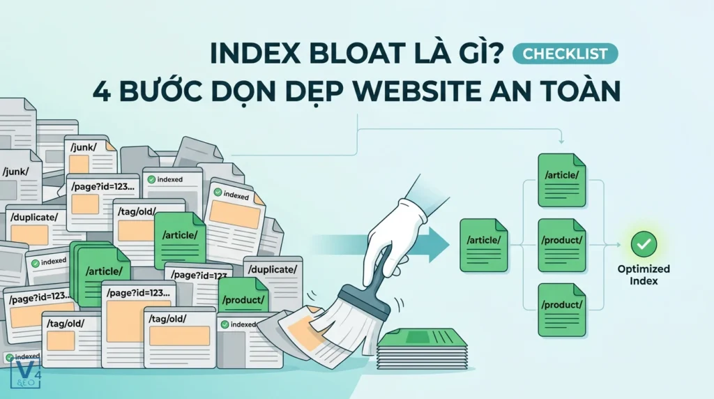 Index Bloat là gì? Checklist 4 bước dọn dẹp website an toàn 15 Mô hình dọn dẹp các trang rác và trùng lặp để tối ưu hóa chỉ mục tìm kiếm cho website.