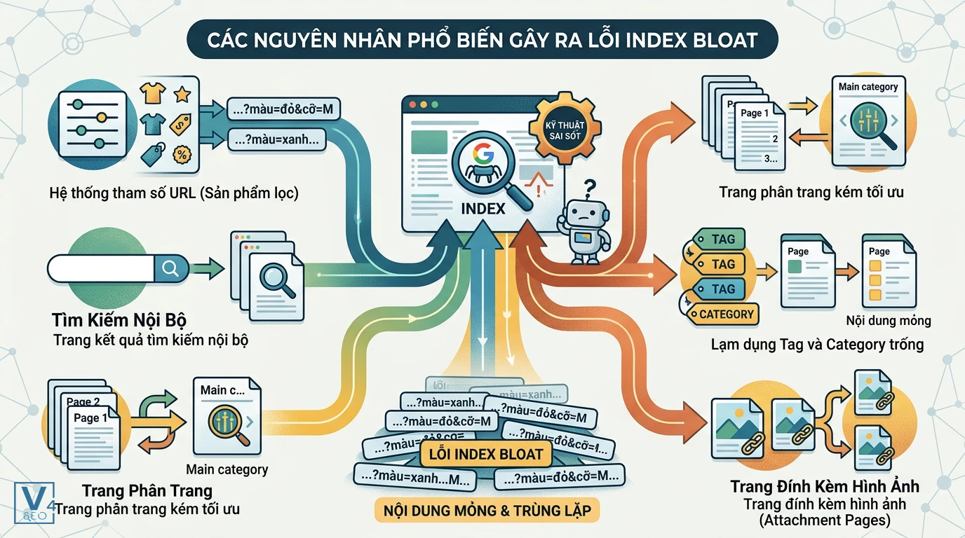 nguyen-nhan-gay-loi-index-bloat Sơ đồ các nguyên nhân kỹ thuật phổ biến tạo ra URL rác gây lỗi index bloat trên website