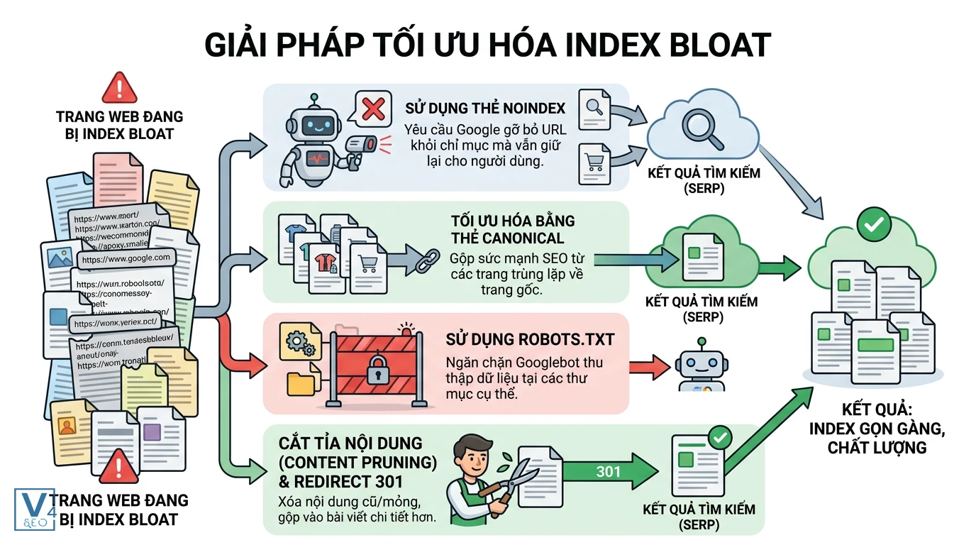 giai-phap-khac-phuc-index-bloat Sơ đồ các giải pháp khắc phục index bloat gồm thẻ noindex, canonical, robots.txt và redirect 301 giúp tối ưu hóa website.