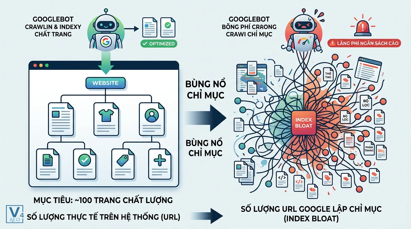 so-sanh-cau-truc-web-va-index-bloat So sánh cấu trúc website tối ưu với tình trạng index bloat gây lãng phí ngân sách cào dữ liệu của Googlebot.