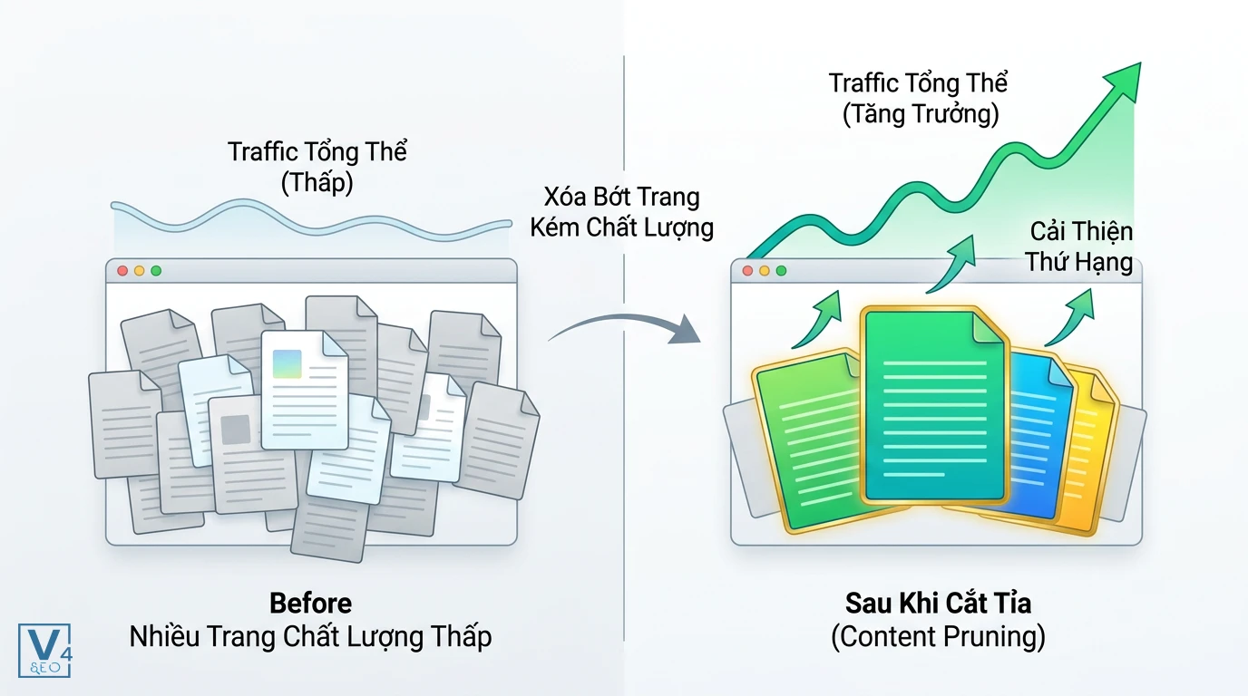 loi-ich-content-pruning-seo So sánh hiệu quả tăng trưởng traffic tổng thể trước và sau khi cắt tỉa nội dung kém chất lượng trên website.