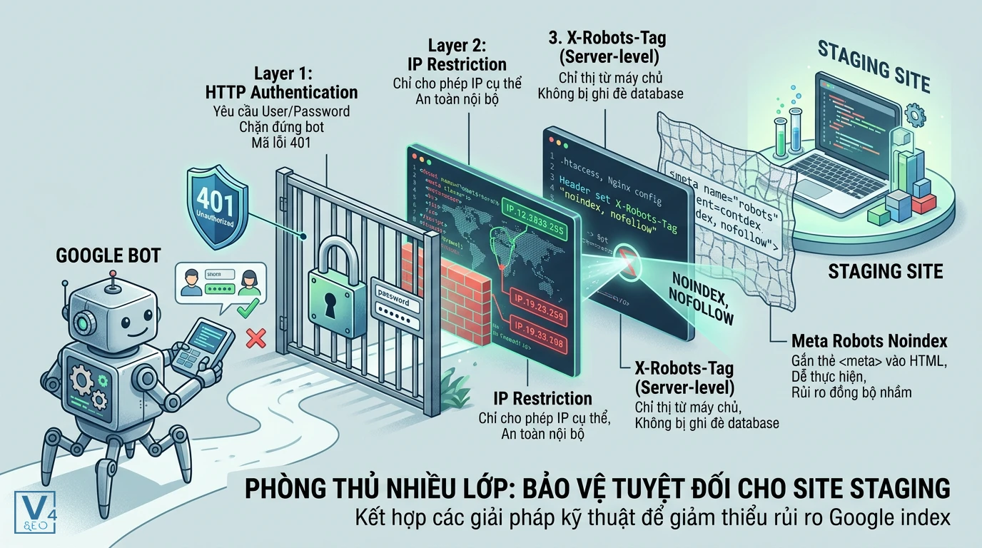 cac-phuong-phap-chan-google-index-site-staging Mô hình phòng thủ nhiều lớp giúp ngăn chặn Google index site staging hiệu quả qua các giải pháp kỹ thuật.