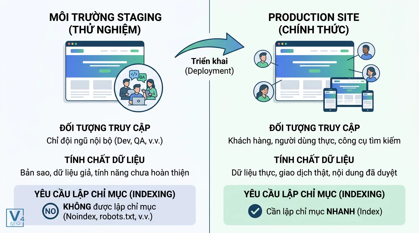 so-sanh-staging-va-production-site So sánh sự khác biệt về đối tượng truy cập, dữ liệu và yêu cầu lập chỉ mục giữa môi trường staging và production site.