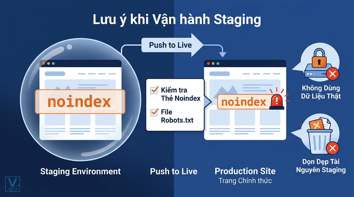 luu-y-van-hanh-moi-truong-staging Quy trình kiểm tra thẻ noindex và robots.txt khi đồng bộ dữ liệu từ staging site lên trang chính thức.