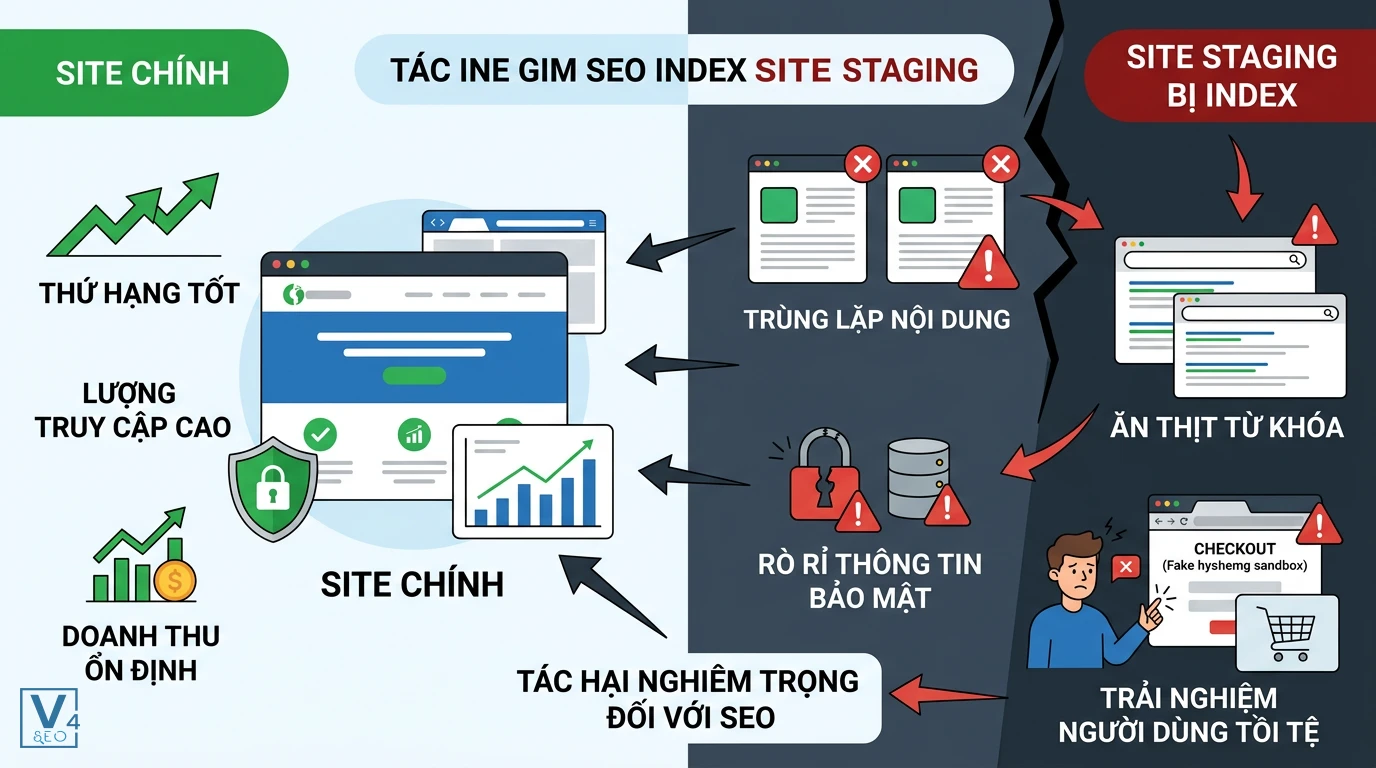 tac-hai-khi-index-site-staging Sơ đồ so sánh hiệu quả của site chính và các tác hại nghiêm trọng khi index site staging đối với SEO.