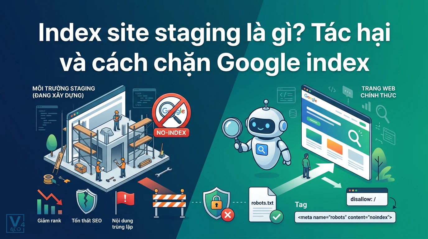Mô hình so sánh môi trường staging bị chặn index và trang web chính thức được Google lập chỉ mục.