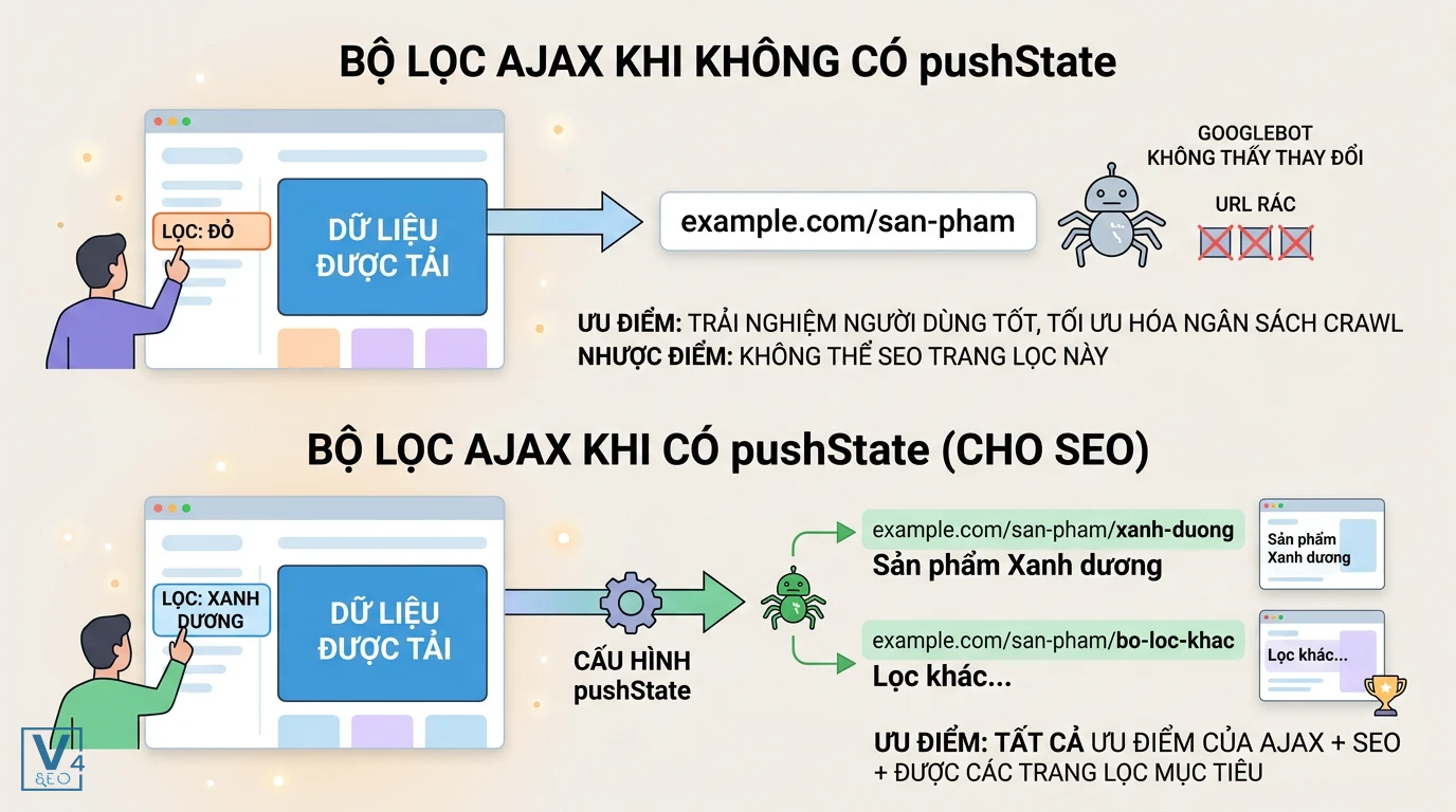 co-che-bo-loc-ajax-va-pushstate-seo So sánh cơ chế hoạt động của bộ lọc AJAX khi có và không có cấu hình pushState đối với SEO và Googlebot.