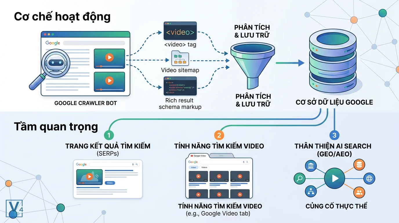 co-che-va-tam-quan-trong-index-video Sơ đồ giải thích index video là gì qua cơ chế thu thập dữ liệu của Google và tầm quan trọng đối với SEO.