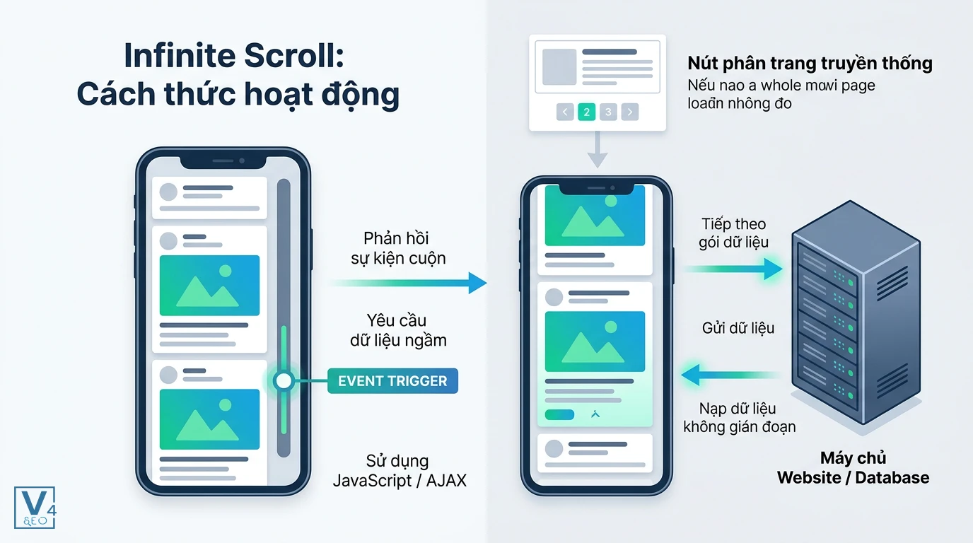 co-che-hoat-dong-infinite-scroll Sơ đồ giải thích cơ chế hoạt động của infinite scroll là gì qua việc gửi yêu cầu dữ liệu ngầm bằng JavaScript.