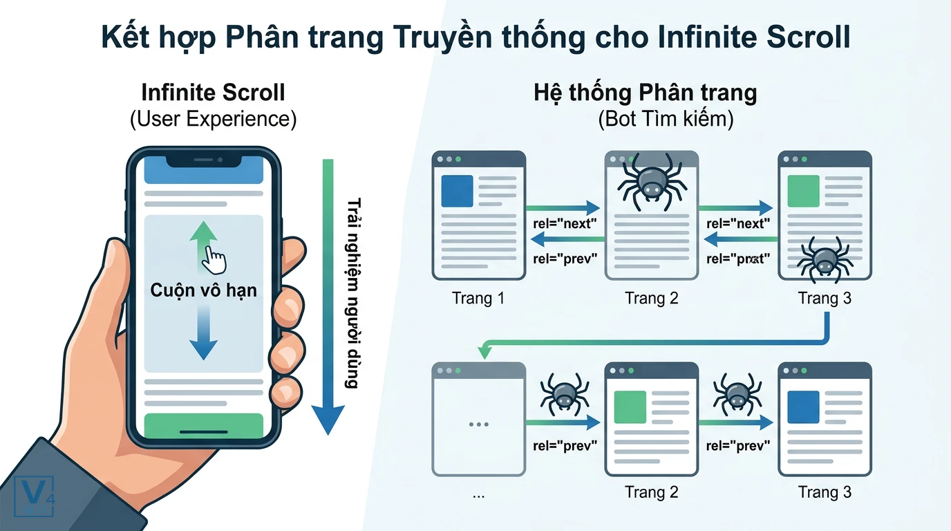 ket-hop-infinite-scroll-va-phan-trang Mô hình kết hợp cuộn vô hạn cho người dùng và phân trang tĩnh bằng thẻ rel next prev cho bot tìm kiếm thu thập dữ liệu.