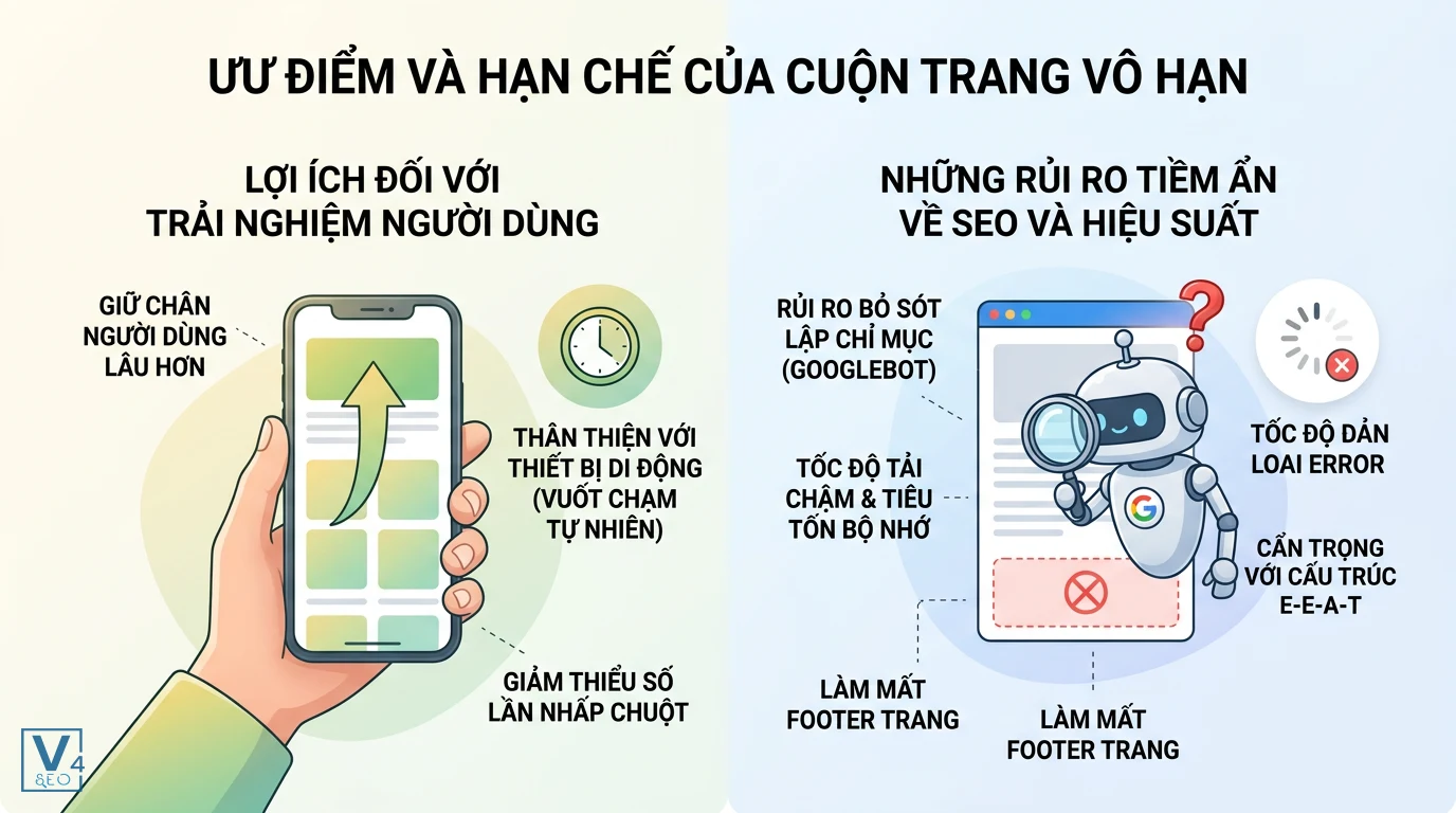 uu-nhuoc-diem-infinite-scroll So sánh ưu nhược điểm của infinite scroll là gì đối với trải nghiệm di động và rủi ro lập chỉ mục SEO.