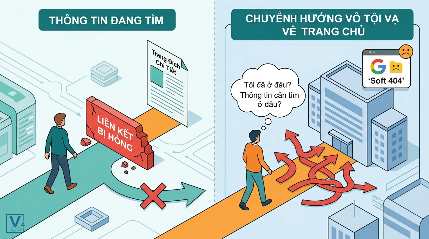 sai-lam-chuyen-huong-link-gay-ve-trang-chu Tác hại khi chuyển hướng liên kết nội bộ bị hỏng về trang chủ gây lỗi Soft 404 và làm người dùng bối rối.
